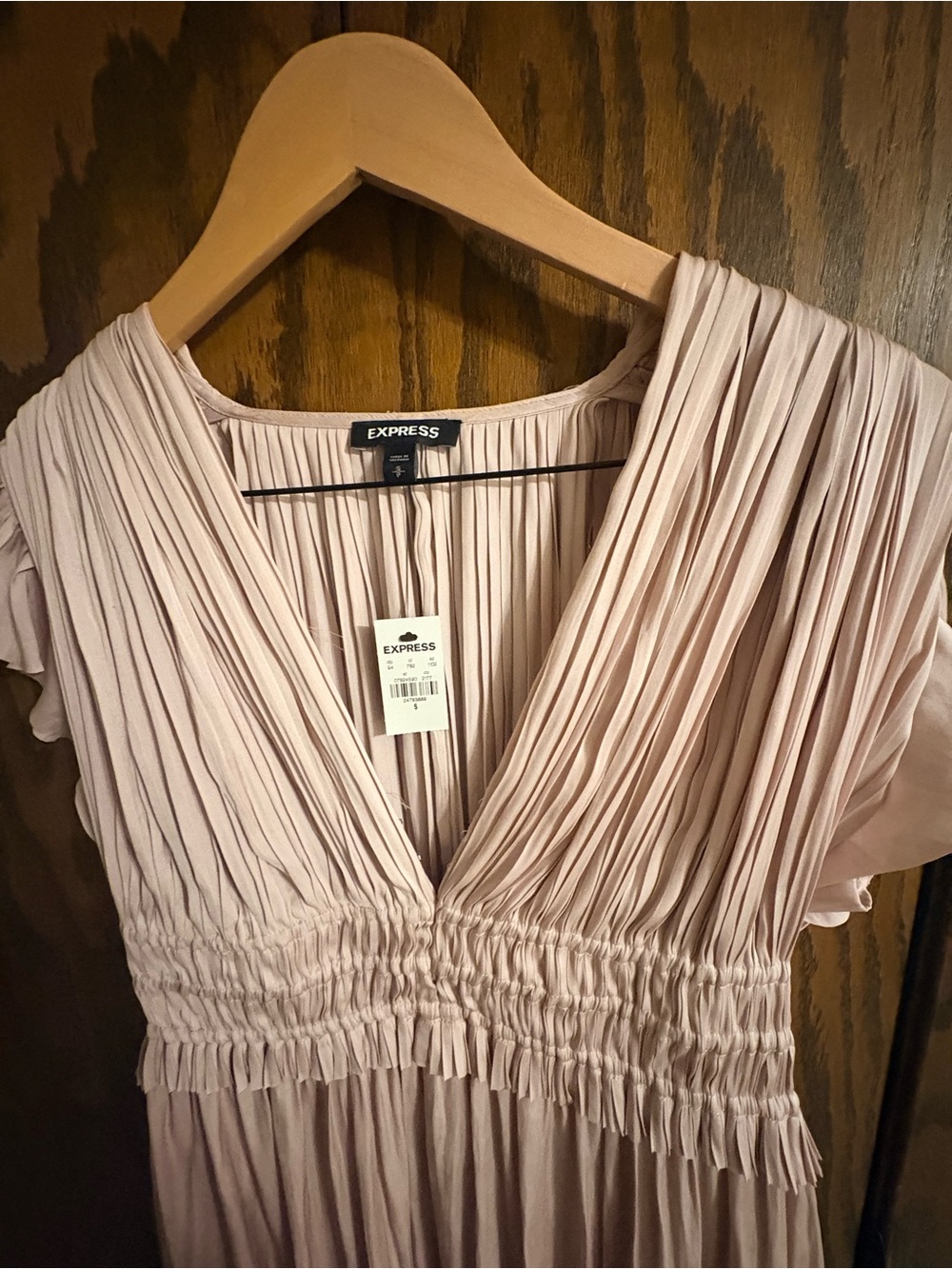 Express Blush Pleated V-Neck Smocked Waist Dress